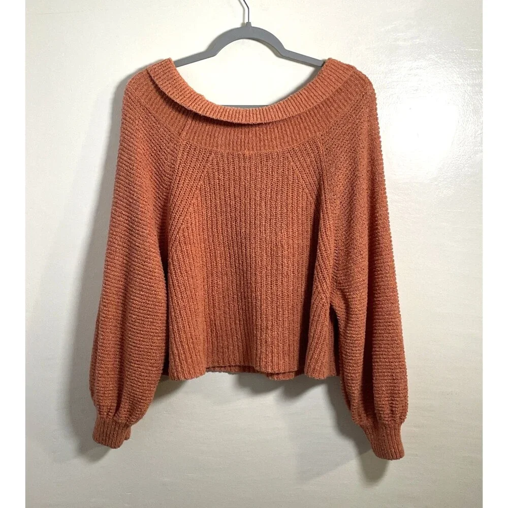 Free People Womens Orange Off Shoulder Knit Sweater Textured Puff Sleeves Medium